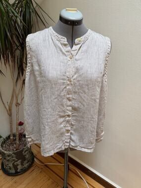 EILEEN FISHER Organic Linen Striped Sleeveless Button Up Blouse